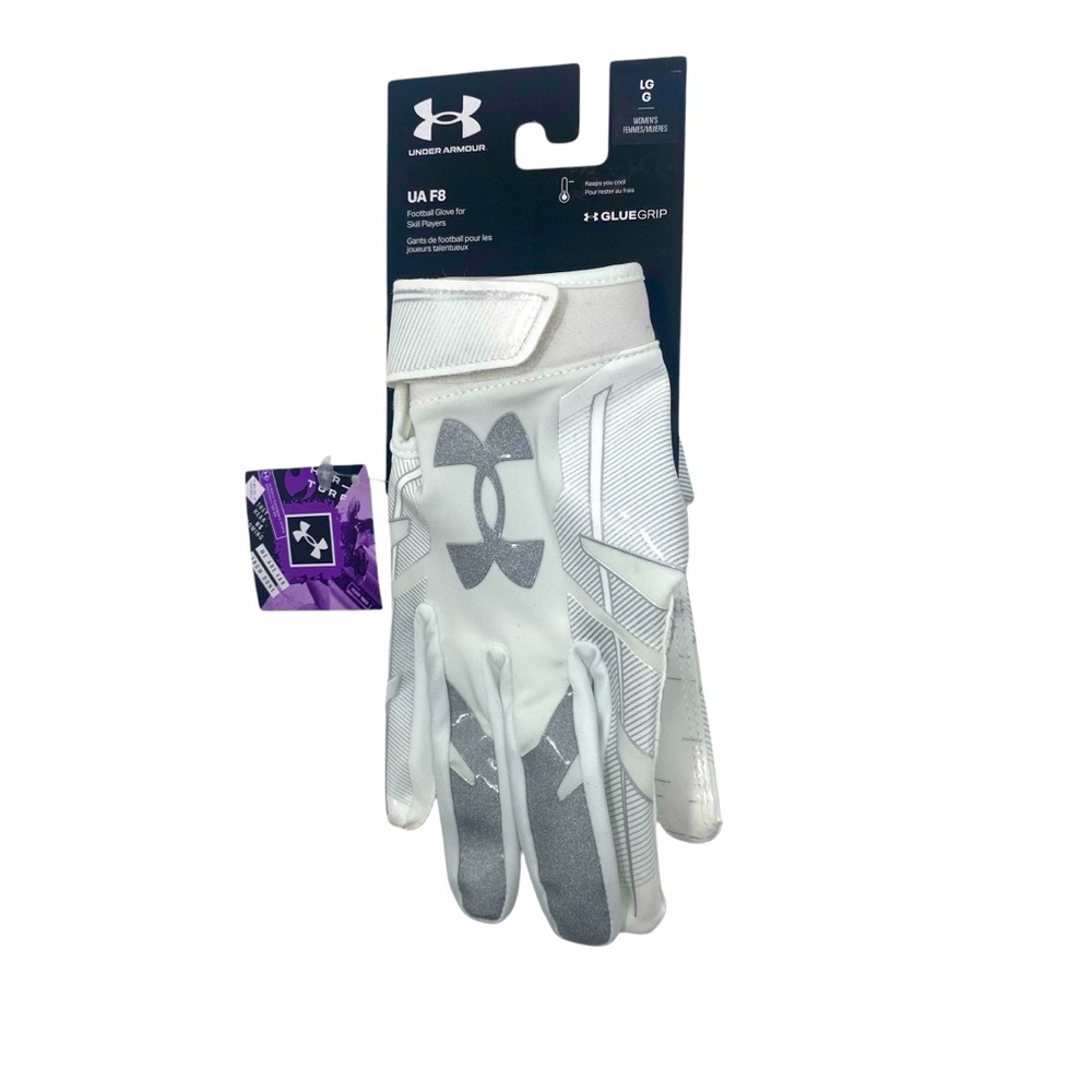 Under Armour UA F8 Women’s Football Gloves Size Large Silver‎ & White NWT